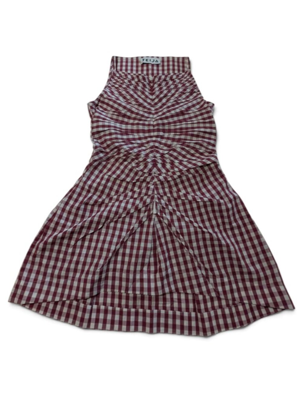 TEIJA Gingham Pleated Mini Dress Size 6 Burgundy White EUC - Picture 2 of 9